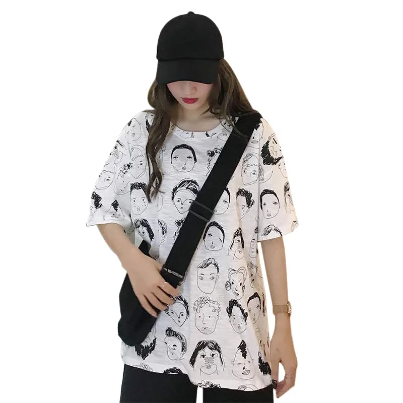 

Hot Elegant Korean Style T-Shirts For Women Loose Short Sleeve Round Neck Graphic Printed Ladies Tee Oversize Clothes