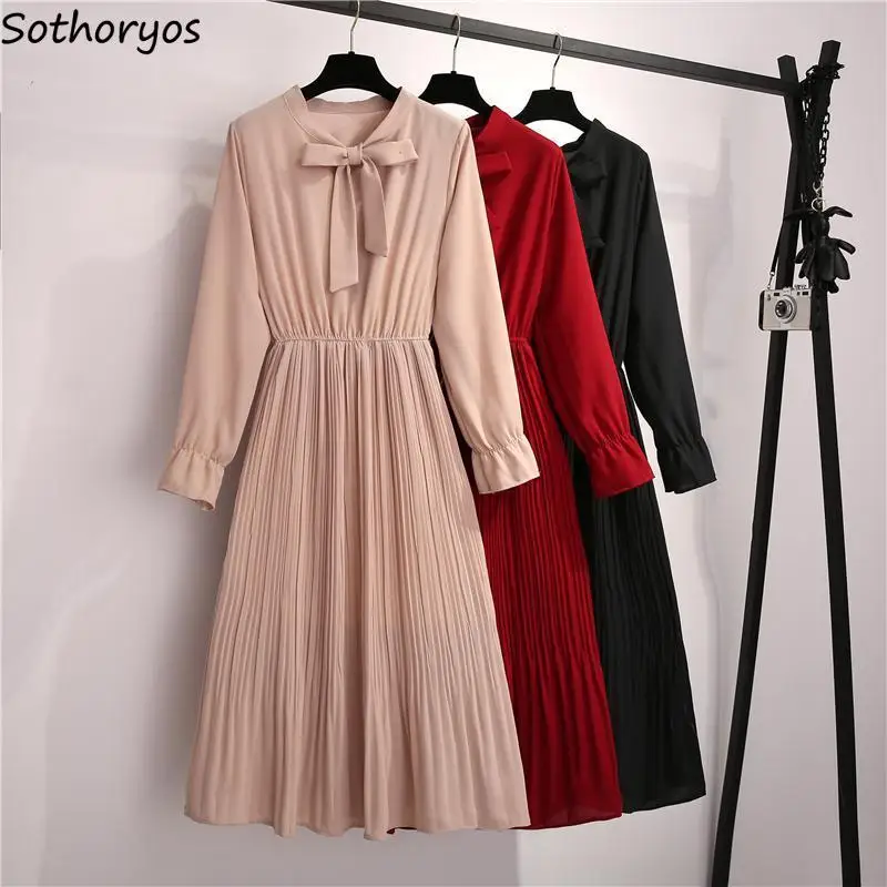 Elegant Pleated Dress Women Spring Bow Design Cozy Basic S-3XL A-line Long Sleeve Tender Popular High Waist Chic Preppy Ladies