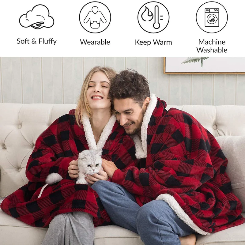 Soft Plaid Blanket Adult Winter Plush Fleece Wearable Hooded Blanket With Sleeves Warm Sherpa Weighted Flannel Blanket Hoodie