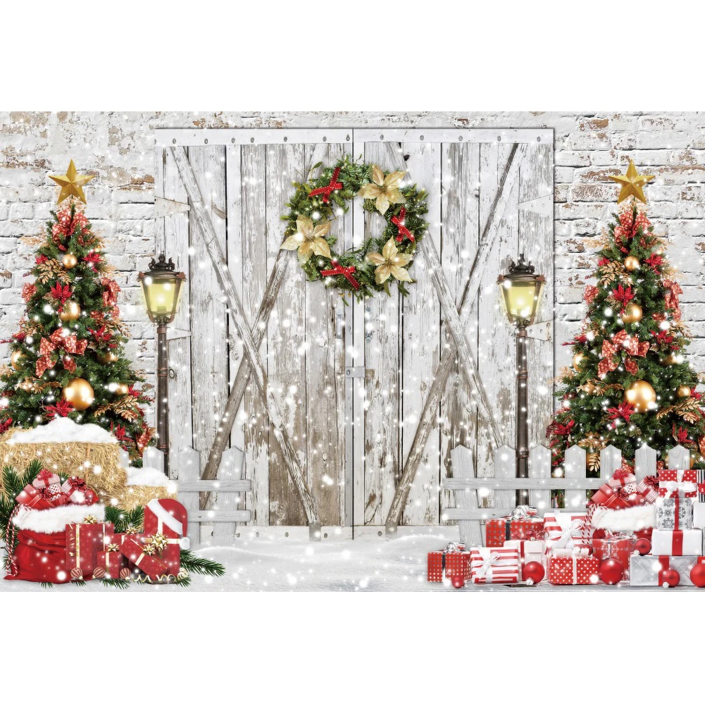 Laeacco Winter Christmas Photography Background Snowflake Tree Gift Grunge Vintage Wooden Door Brick Wall Portrait Backdrop