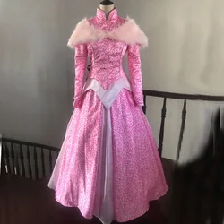 Sleeping Princess Aurora Pink Winter Dress With Cape Fancy Halloween Carnival Party For Adult Women Cosplay Costume