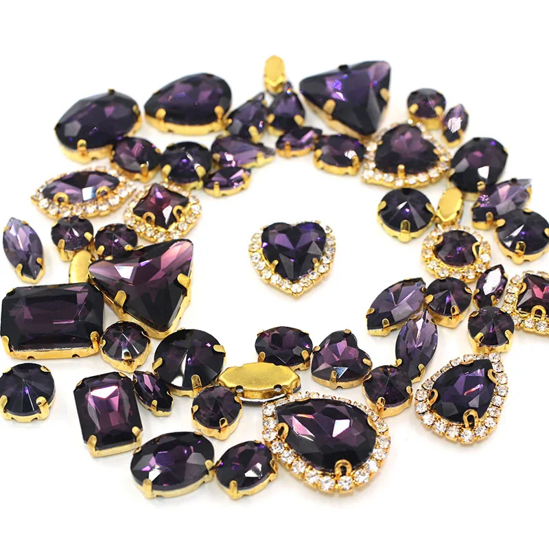 

50pcs/Bag Deep Purple Mixed Shape Sew on Glass Rhinestone Gold Claw Crystal Buckle Diy Wedding Decoration Clothes/Shoe/Dress
