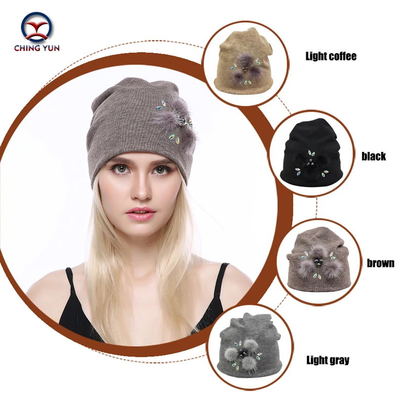 CHINGYUN 2019new Cashmere knit hat soft Winter Warm High Quality Female Solid Color Knitted Hat exquisite real plush decoration