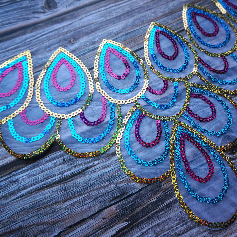 Gold Pink Blue Sequin Peacock Feather Fabric Collar Embroidered Appliques Iron Sew On Patches For Wedding Decoration Dress DIY