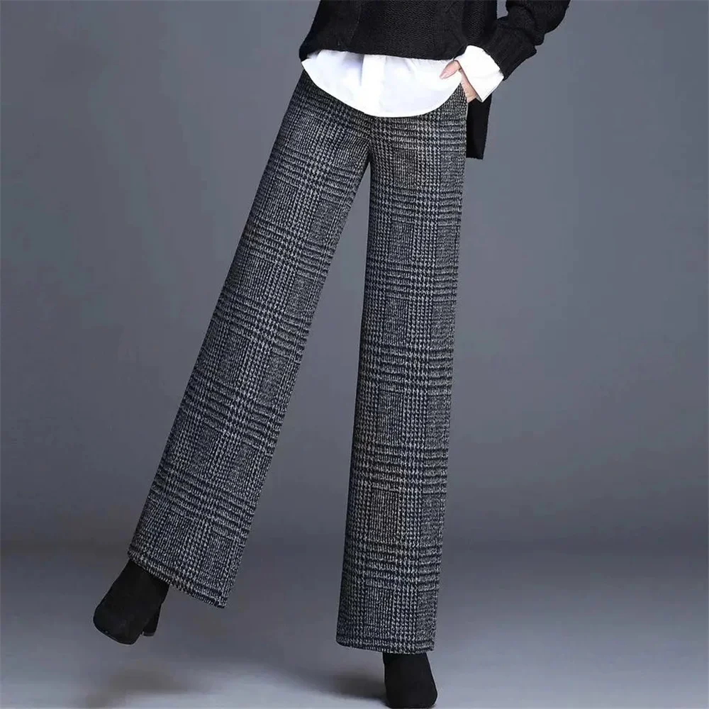 Wool Blend Plus Velvet Thick Plaid High Waist Wide Leg Pants Autumn Winter Warm Mom Tweed Trousers Korean Fashion Mujer Pantalon