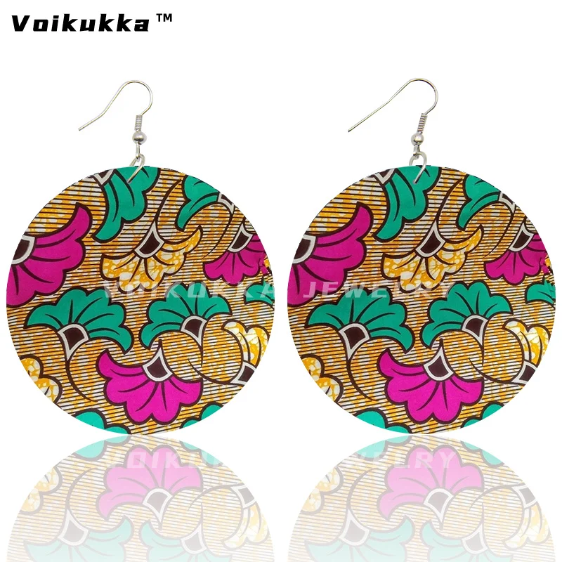 Voikukka Jewelry 6 CM Circle Bohemian African Fabric Pattern Wooden Double Both Sides Printing Drop Dangle Women Earrings
