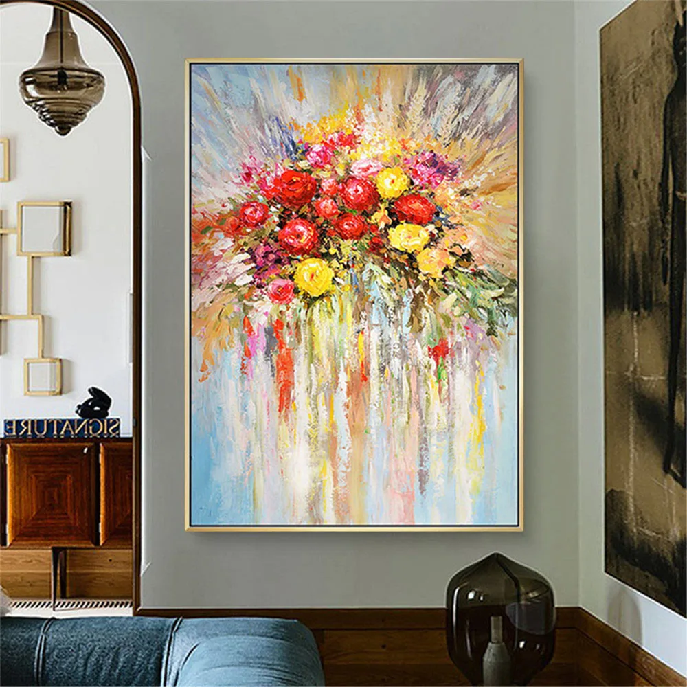 

Morandi hand-painted oil painting Valentine's Day roses colorful flowers pink yellow petals abstract home decoration painting