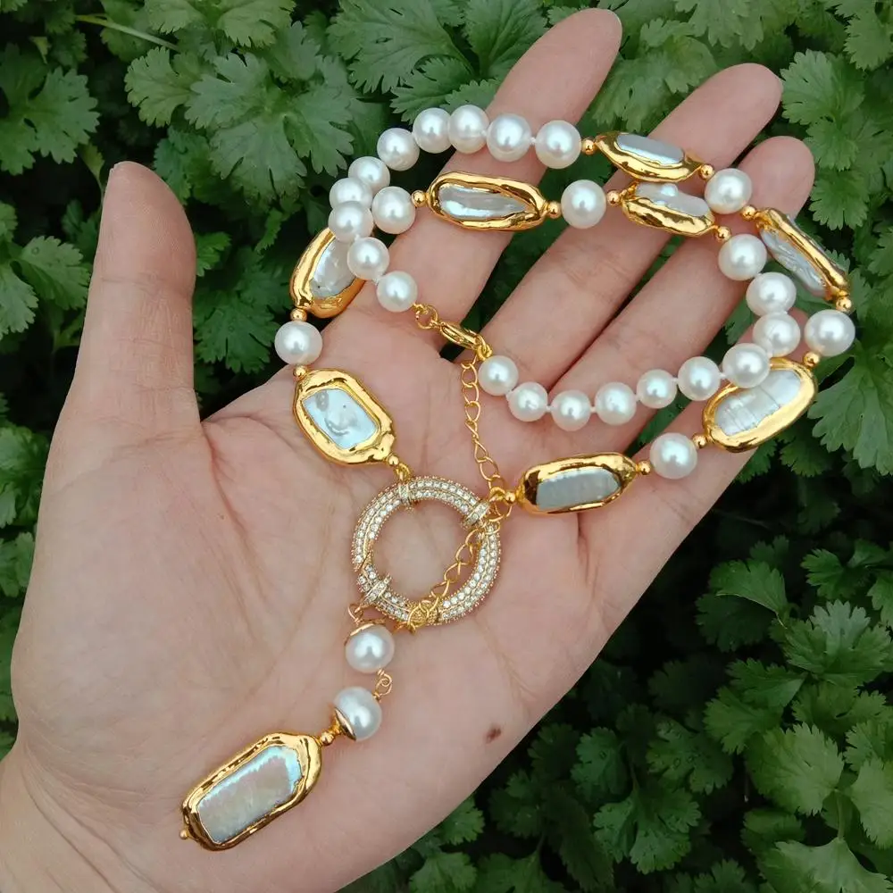 YYGEM natural 8-9mm Round Rectangle Cultured White Biwa Pearl  Round  Freshwater Pearl Y-Drop Necklace 18.5\