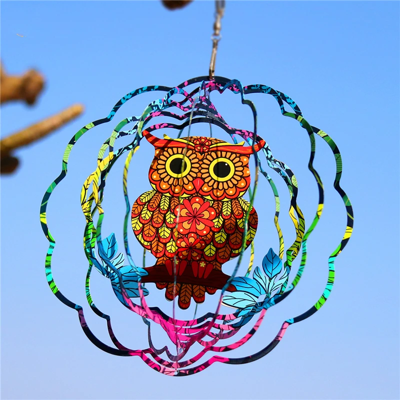 

3D Owl Metal Rotating Wind Spinner Chime Nordic Gift Decoration Hanging Patio Home Garden Ornaments Yard Window Hanging Decor