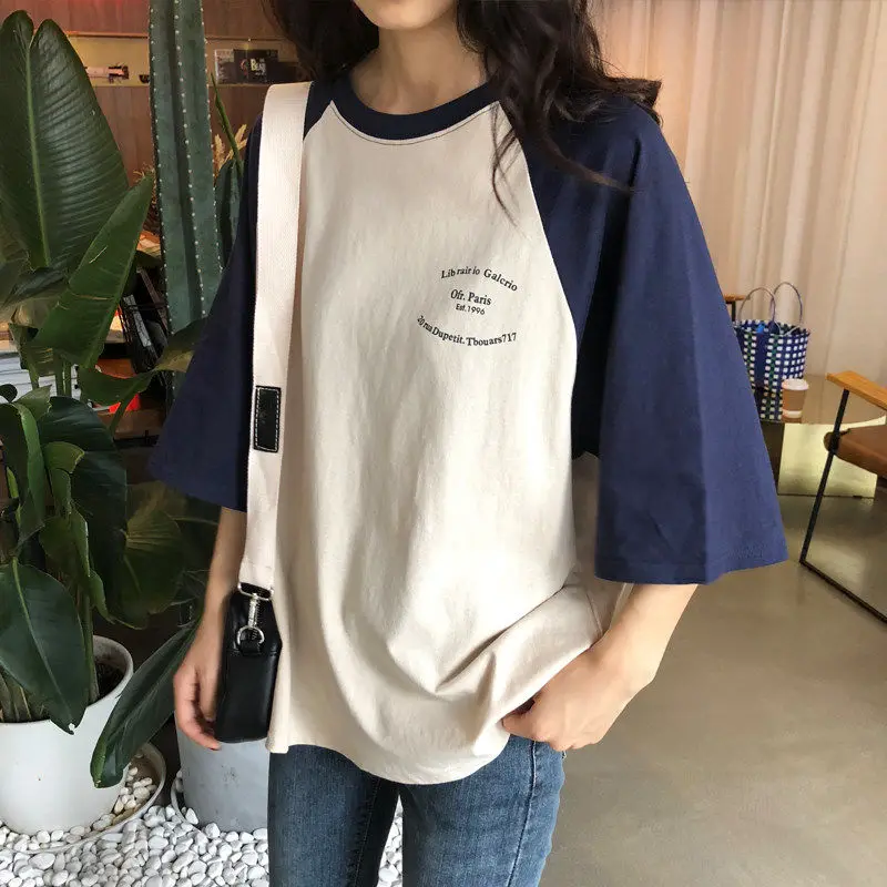 T-shirt Women Short Sleeve Casual Patchwork Loose Oversize O-neck Korean Style Simple Vintage Tees Harajuku Female Clothing New