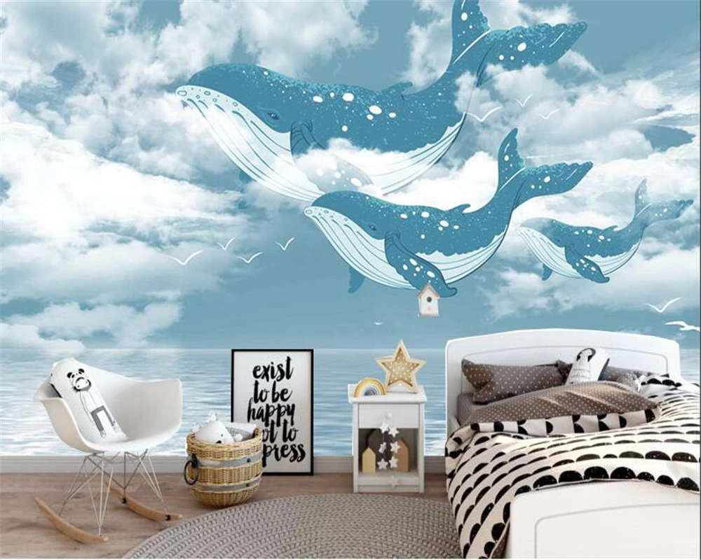 

Custom 3d mural ocean sky whale children's room bedroom background wall phots wallpaper for bedroom walls 3d wallpaper