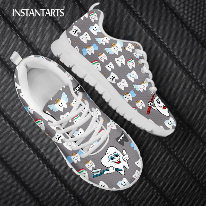 INSTANTARTS Funny Dentist Teeth Print Women's Flat Shoes Gray Lace-up Sneaker Summer Breathable Mesh Footwear For Teen Girls