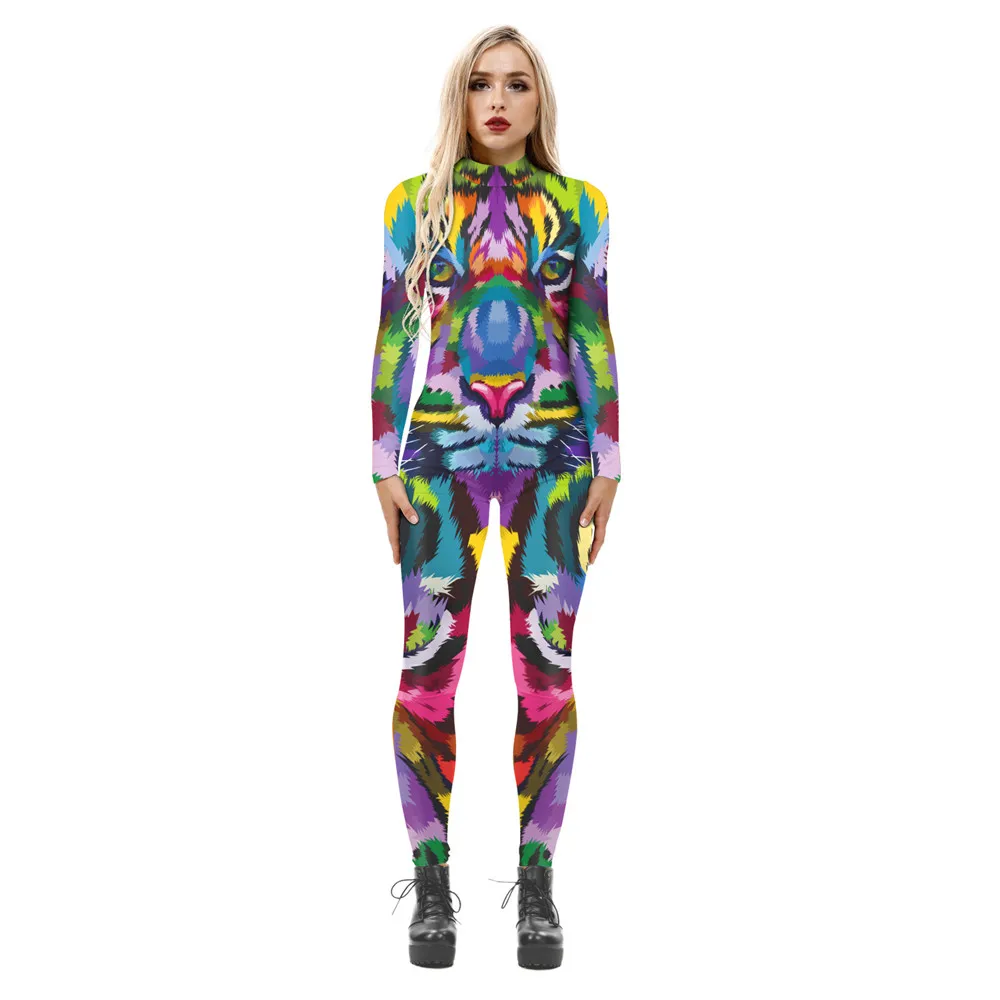 FCCEXIO-Macacão colorido 3D com estampa tigre para mulheres, manga comprida, macacão skinny sexy, série festa, bodysuits elásticos cosplay