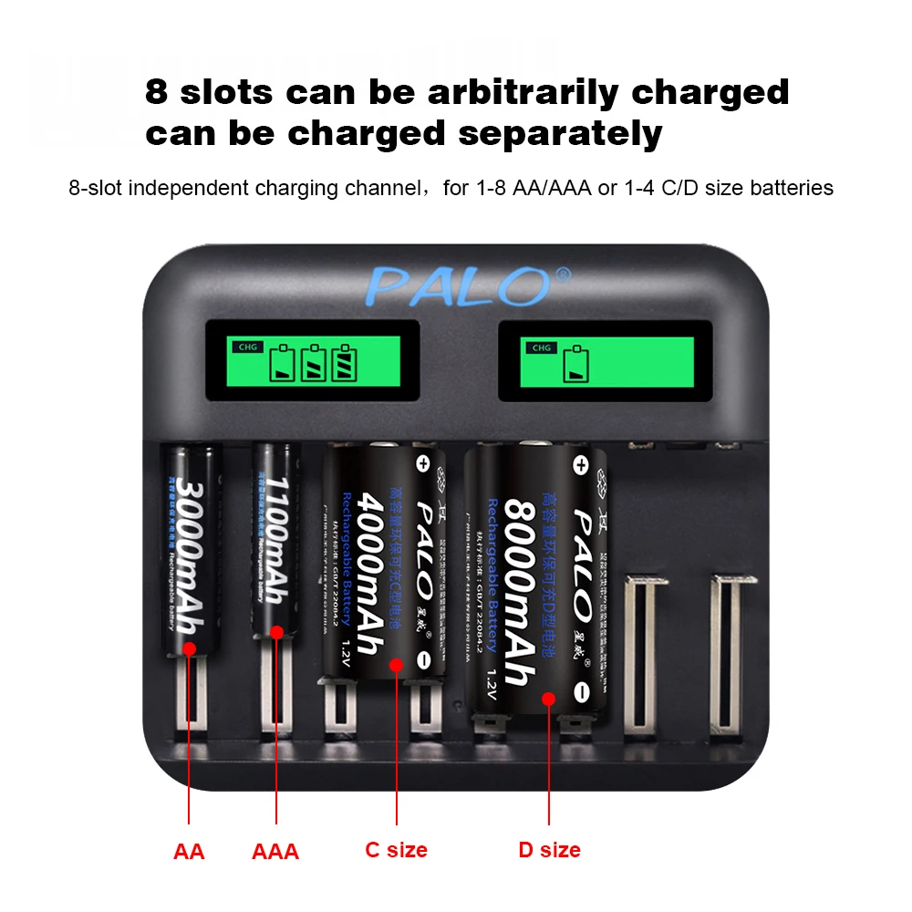 PALO 8 slots LCD USB Smart AA AAA battery Charger for 1.2V AA AAA SC C D Size Rechargeable Battery batteries Quick Charger