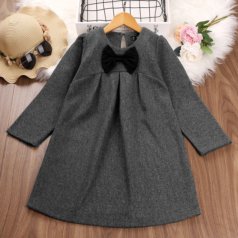 2022 Children long sleeves woolen Dress New Lovely Princess Dress Spring Autumn Clothes Pleated Bow 2-12 Years Old Girls Dress