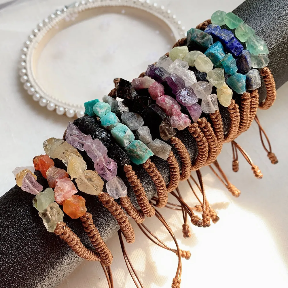 Natural Crystal Bracelet for Women Boho Rope Braided Wrap Ore Mineral Rock Fluorite Quartz Stone Purple Crystal Bracelet Healing