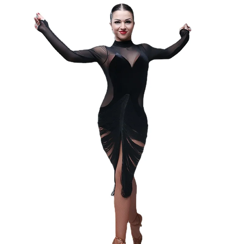 Black Women Latin Dresses For Dancing Latin Fringed Dress With Bodysuit Salsa Dance Costumes For Pole Dance ClothingParty Dress