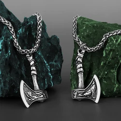 Vintage Boutique Stainless Steel Viking Wolf and Odin Crow Axe Necklace Men's Pendant Jewelry Birthday Gift Wholesale