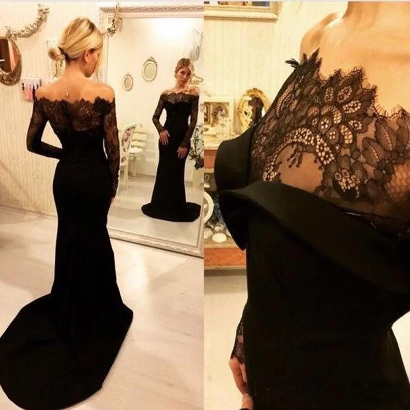 Elegant Black Mermaid Evening Dresses Vestidos De Noche เซ็กซี่ Off Shoulder Lace Robe Soirée Femme แขนยาว Sheer ซาติน