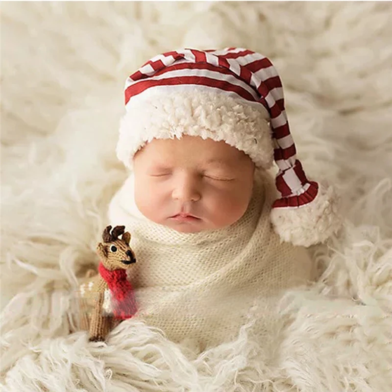 Xmas Baby Photo Clothing White&Red Striped Infant Santa Outfit Fleece Long Tail Hat + Pants Suit Christmas Theme Photo Props