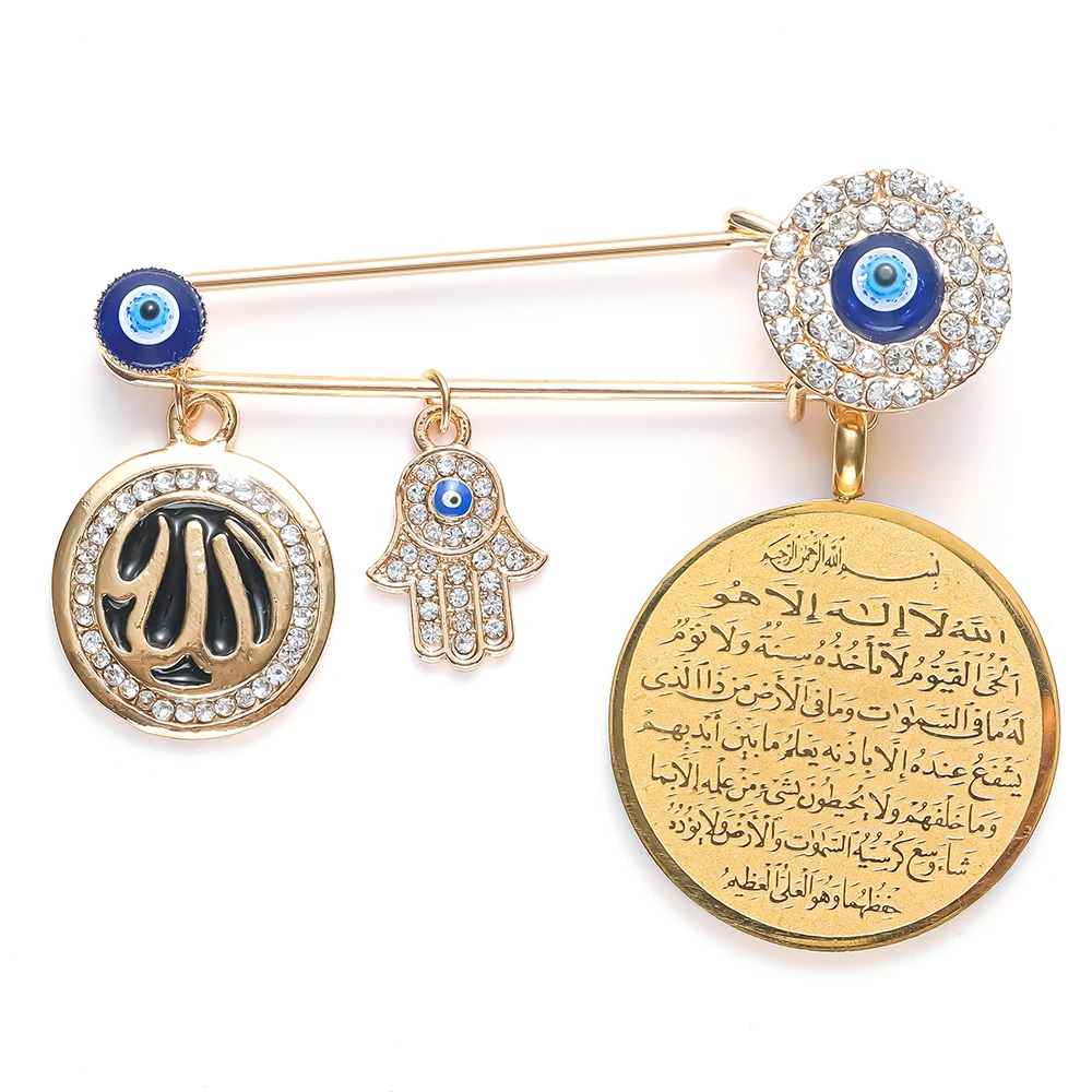 Muslim Islam Ayatul Kursi Allah Turkish Evil Eye Hamsa Hand of Fatima Stainless Steel Scarf Hijab Brooch Baby Pin