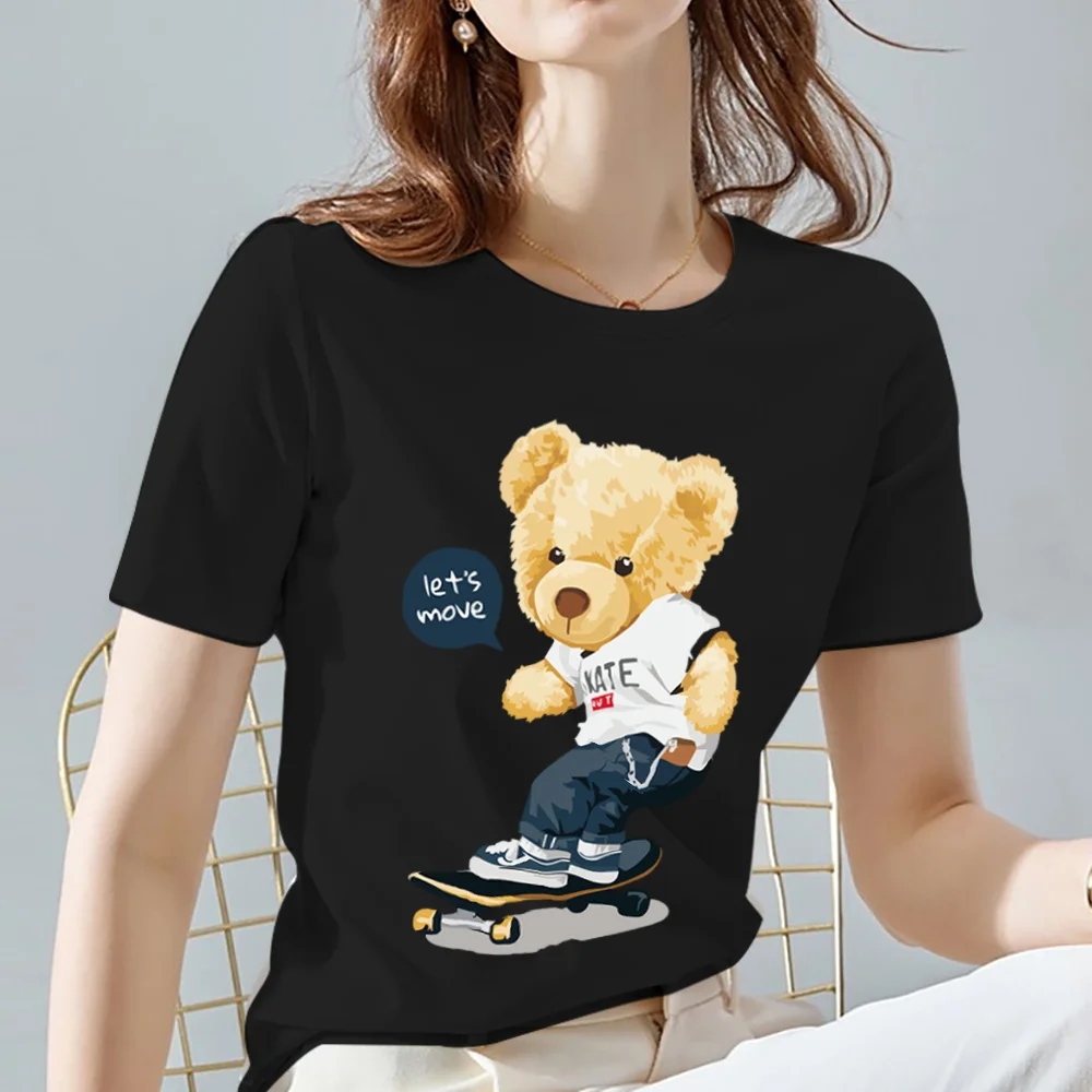 

Fashion All-match Womens T-shirts Cartoons Cute Bear Tops Summer Black Classic O-Neck Ladies Tee Women Clothes,Drop Shipping