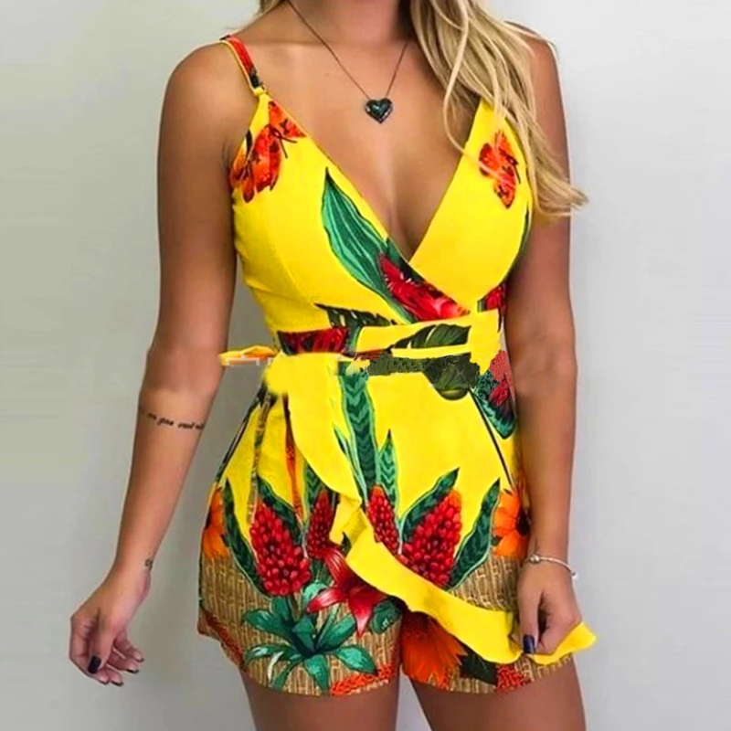 Sexy V-neck Spaghetti Strap Floral Print Women Short Romper Playsuit Female Beach Ruffle Sleeveless 2023 Fashion Casual Jumpsuit