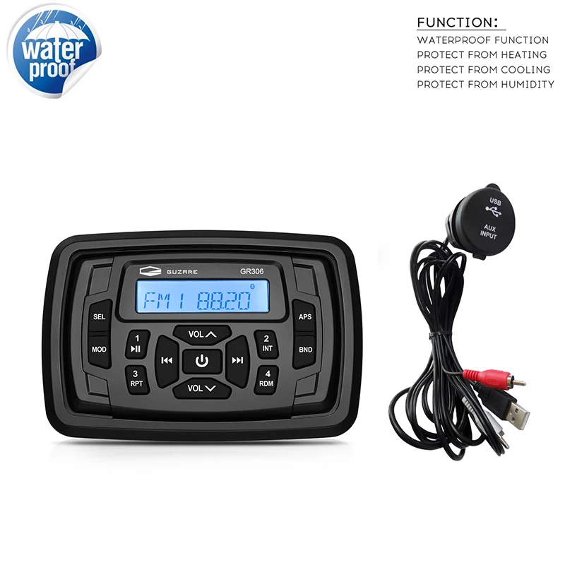 

Marine Waterproof Radio Boat Stereo Audio Bluetooth Media Receiver FM Car MP3 Player+USB Boat Audio Cable For RV ATV UTV Yacht