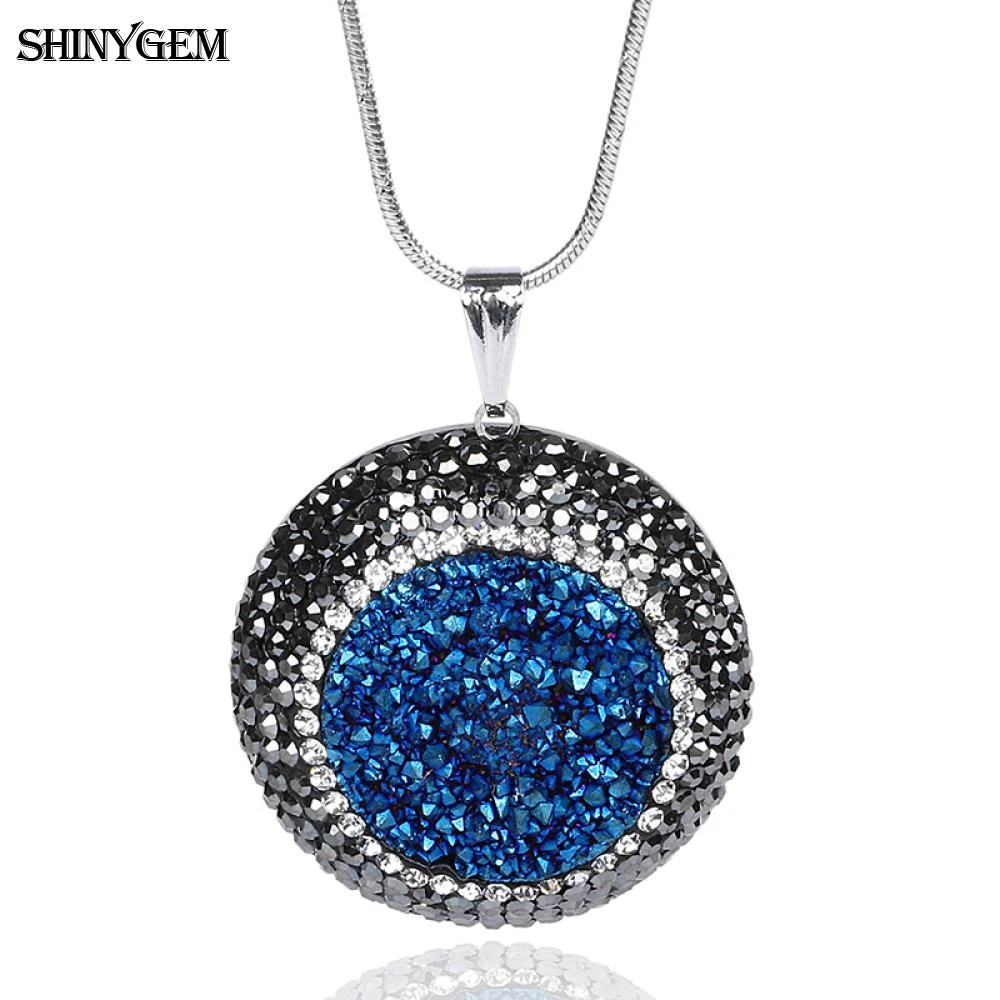 ShinyGem 2020 Fashion Round Crystal Choker Necklace For Women Micro Inlay Zircon Natural Druzy Stone Silver Color Chain Pendant