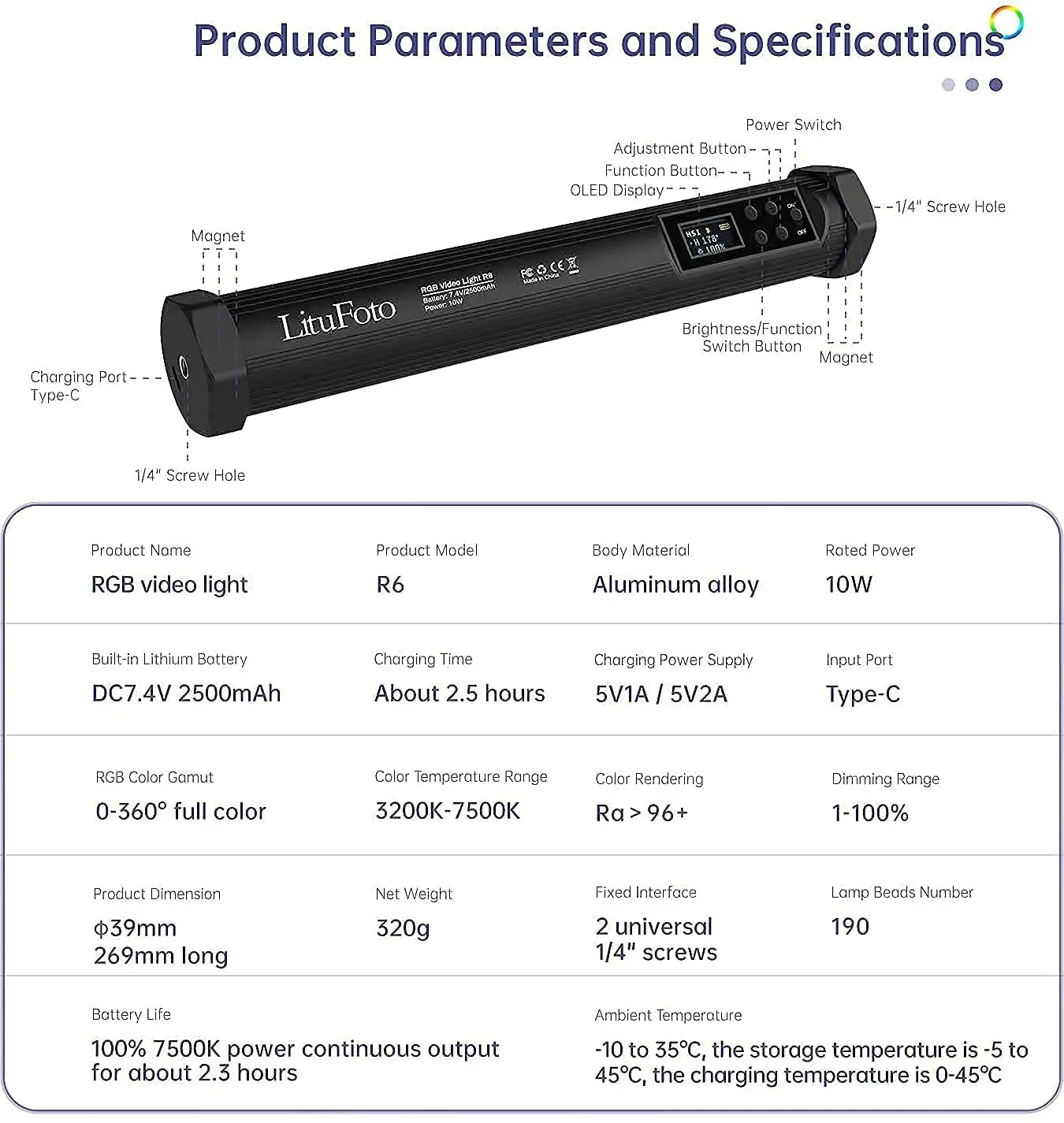 Imagem -02 - Litufoto r6 Cor Cheia Rgb Dupla Temperatura de Cor Led Lâmpada de Preenchimento Mais Grade ao ar Livre Fotografia Flash Luzes Vara Conjunto 10w 3200k7500