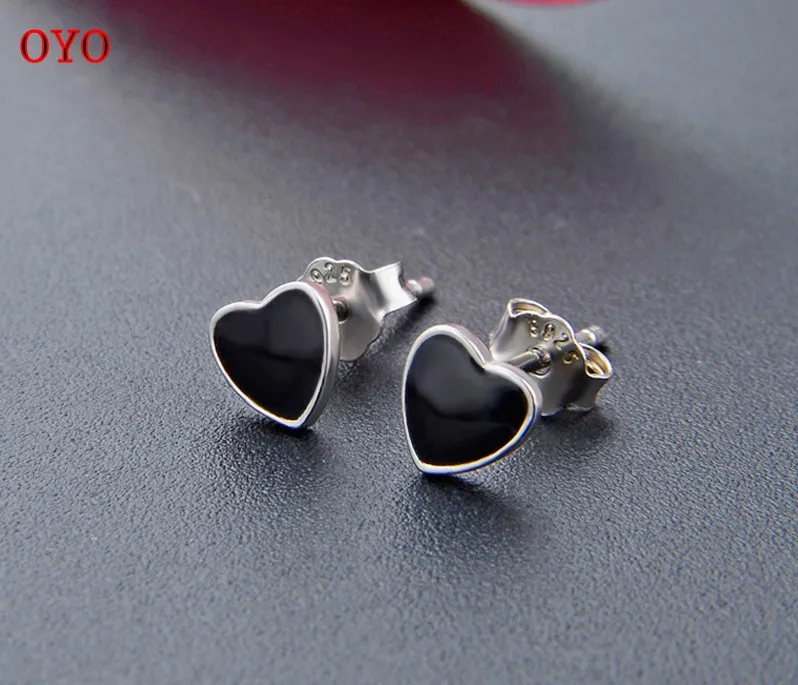 

100% S925 sterling silver heart earrings, all-match black oil dripping love earrings