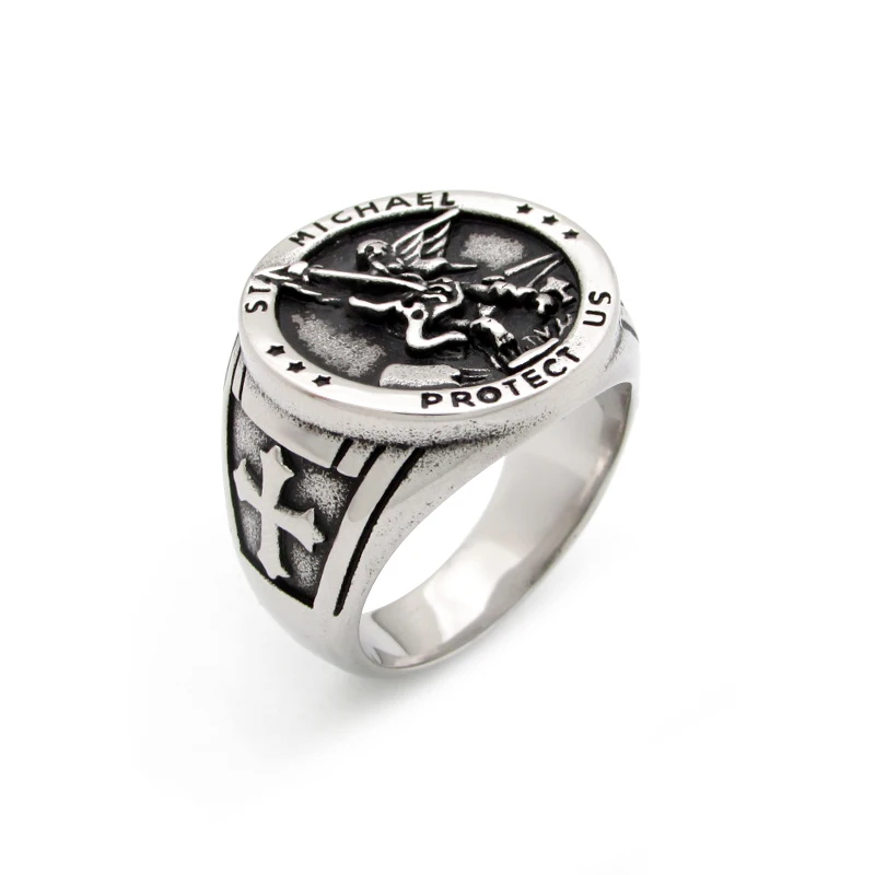 خمر 316L الفولاذ المقاوم للصدأ سانت مايكل حماية الولايات المتحدة خواتم تعويذة شخصية دينية أسطورة الصليب الدائري