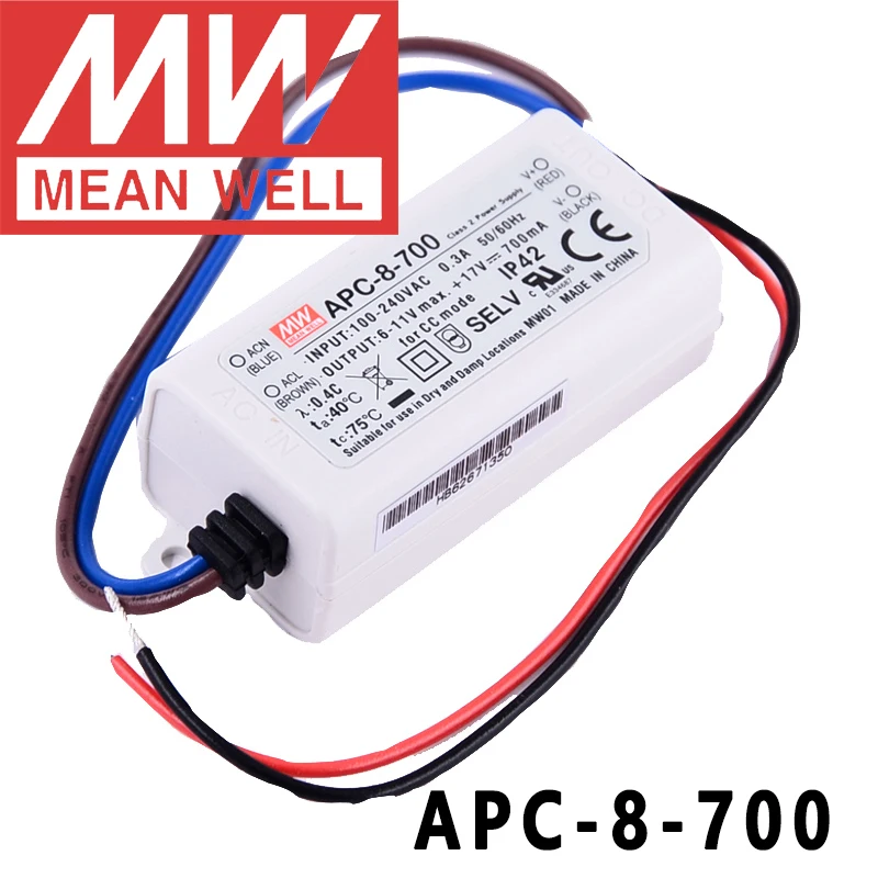 

Original Mean Well APC-8-700 meanwell Plastic Case 700mA Constant current 8W Single Output LED Switching Power Supply