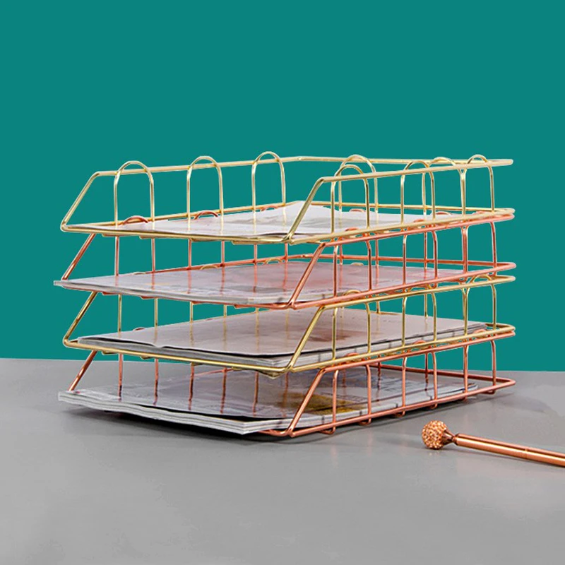 

Gold Metal File Tray Desk Accessorie Magazine Holder Handmade Overlayabl File Office Organizer Layering Paper Storage Paper Tray