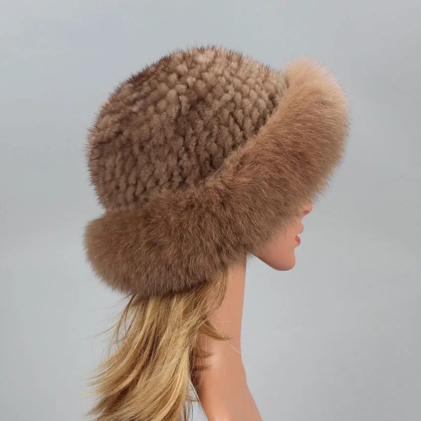 Real Fur Hat Winter for Women's Cap Natural Mink Fur with Fox fur