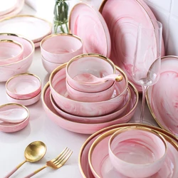 Pink Marble Glazes Ceramic Plate Western Steak Salad Dinner Plates Bowl Tableware Breakfast Dessert Dishes Home Decor Plates