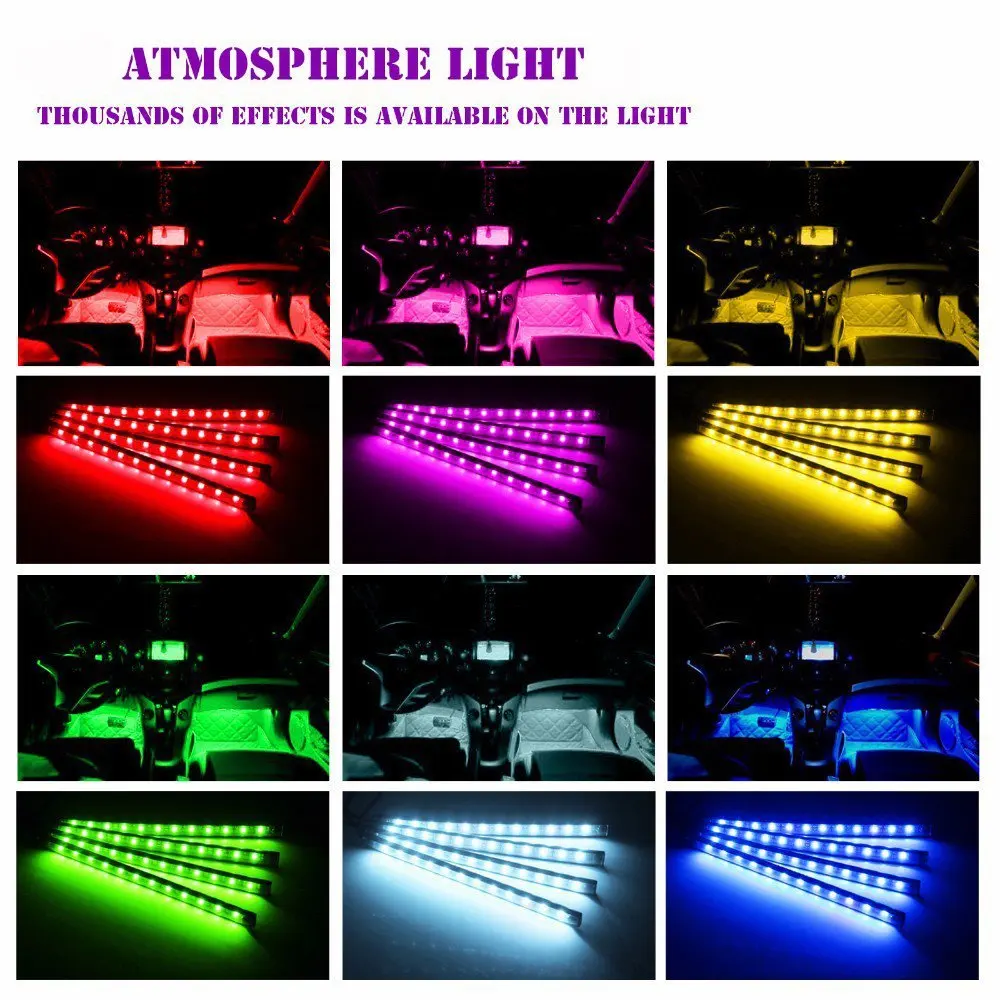 Car LED Strip Light,4pcs 36/48 LED DC 12V Multicolor Music Car Interior Light Function and Wireless Remote Control, Car Charger
