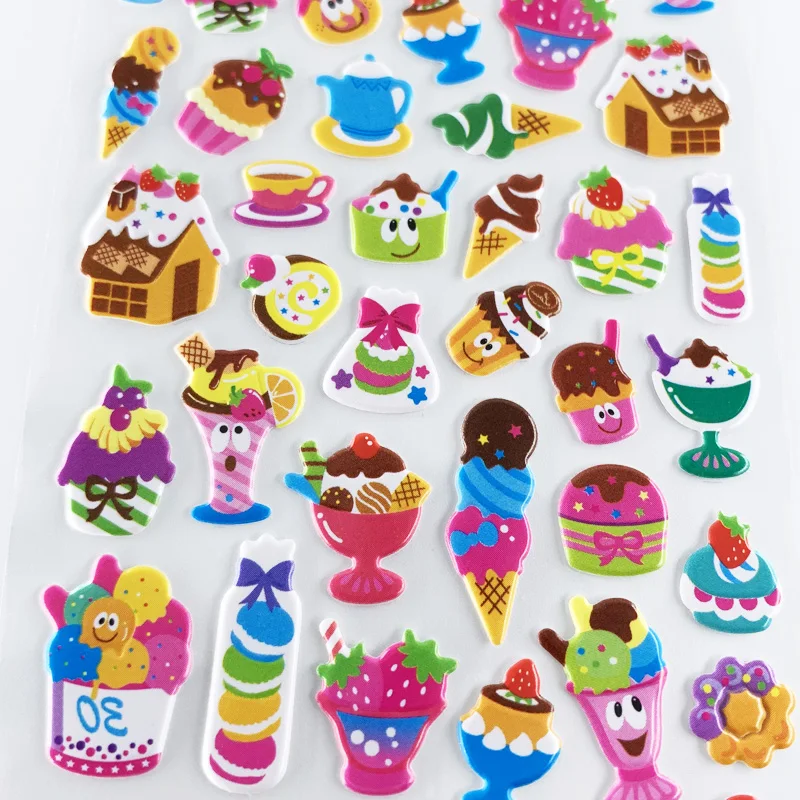 4 Sheets/Set şeker kek sıvı gıda çıkartmaları çocuk karikatür 3D kabarcık köpük etiket çocuklar için DIY karalama defteri dizüstü dekorasyon