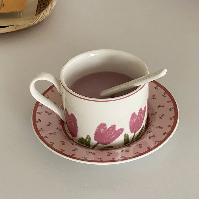 

Pink Tulip Coffee Cups Milk Cups Ceramic Fresh Teacup Gift Coffee Mug Afternoon Tea Cup Tazas Caneca Кружка Кружки أكواب Бокалы