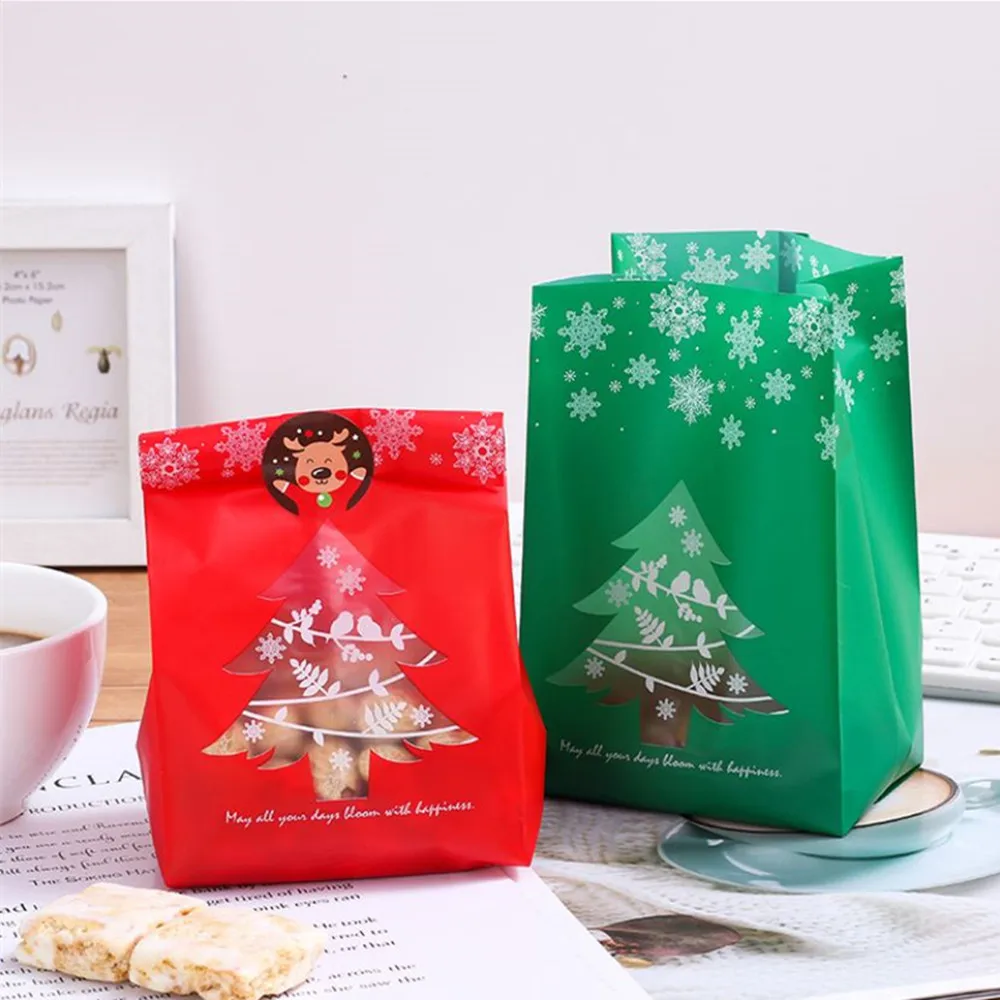 

25Pcs/lot Plastic Gift Bags Christmas Tree Snowflake Packaging Bag Candy Boxes with Seal Stickers Christmas Wedding Party Decor