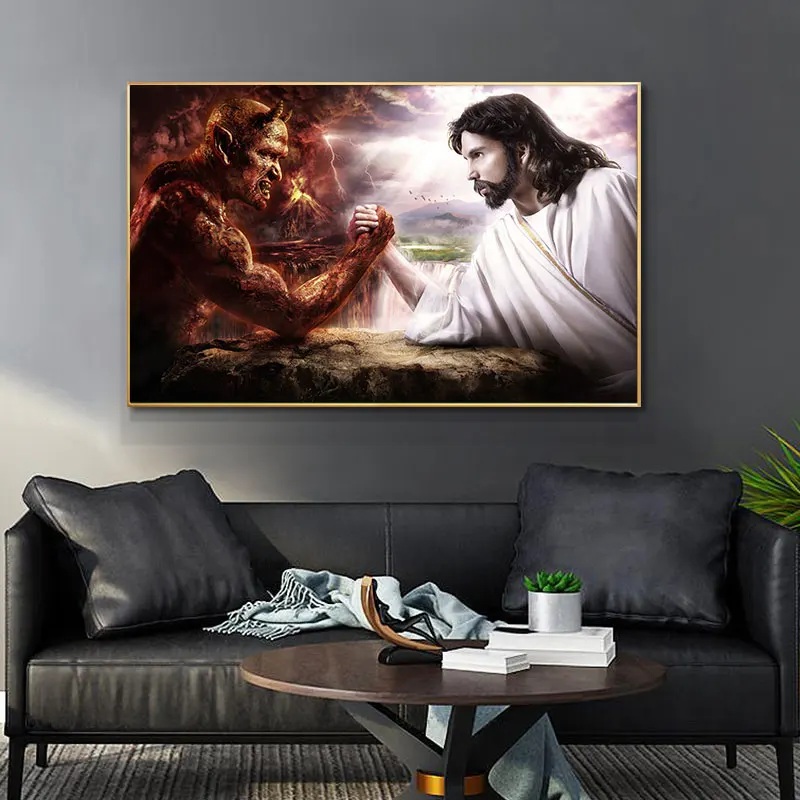 God And Devil Arm Wrestling Nordic Posters and Prints Canvas Painting Home Decor Scandinavian Wall Art Picture for Living Room