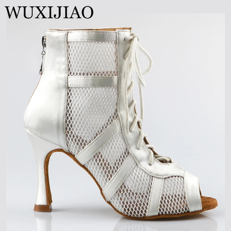 WUXIJIAO Ladies black mesh suede fashion cross strap sexy high heel sandals comfortable latin dance shoes salsa shoes