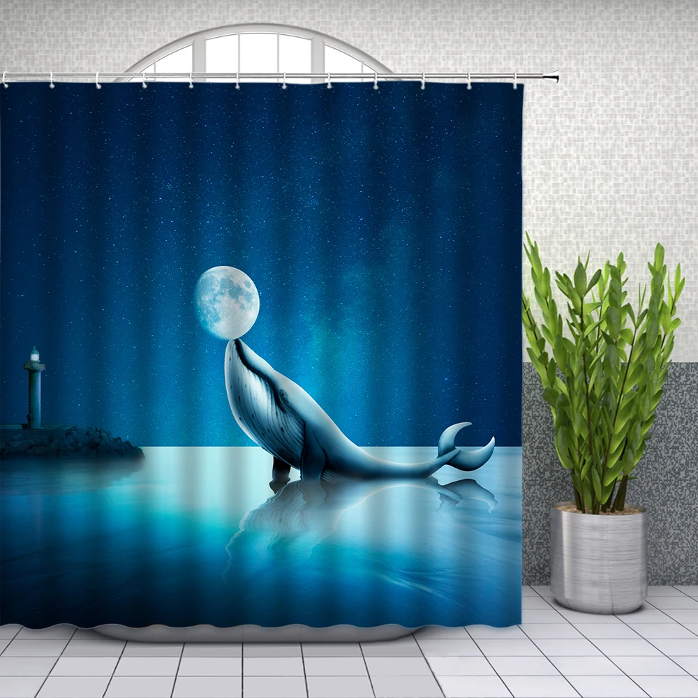 Funny Whale Moon Starry Sky Scenery Shower Curtains Ocean Lighthouse Bathroom Decor Home Bath Waterproof Polyester Cloth Curtain