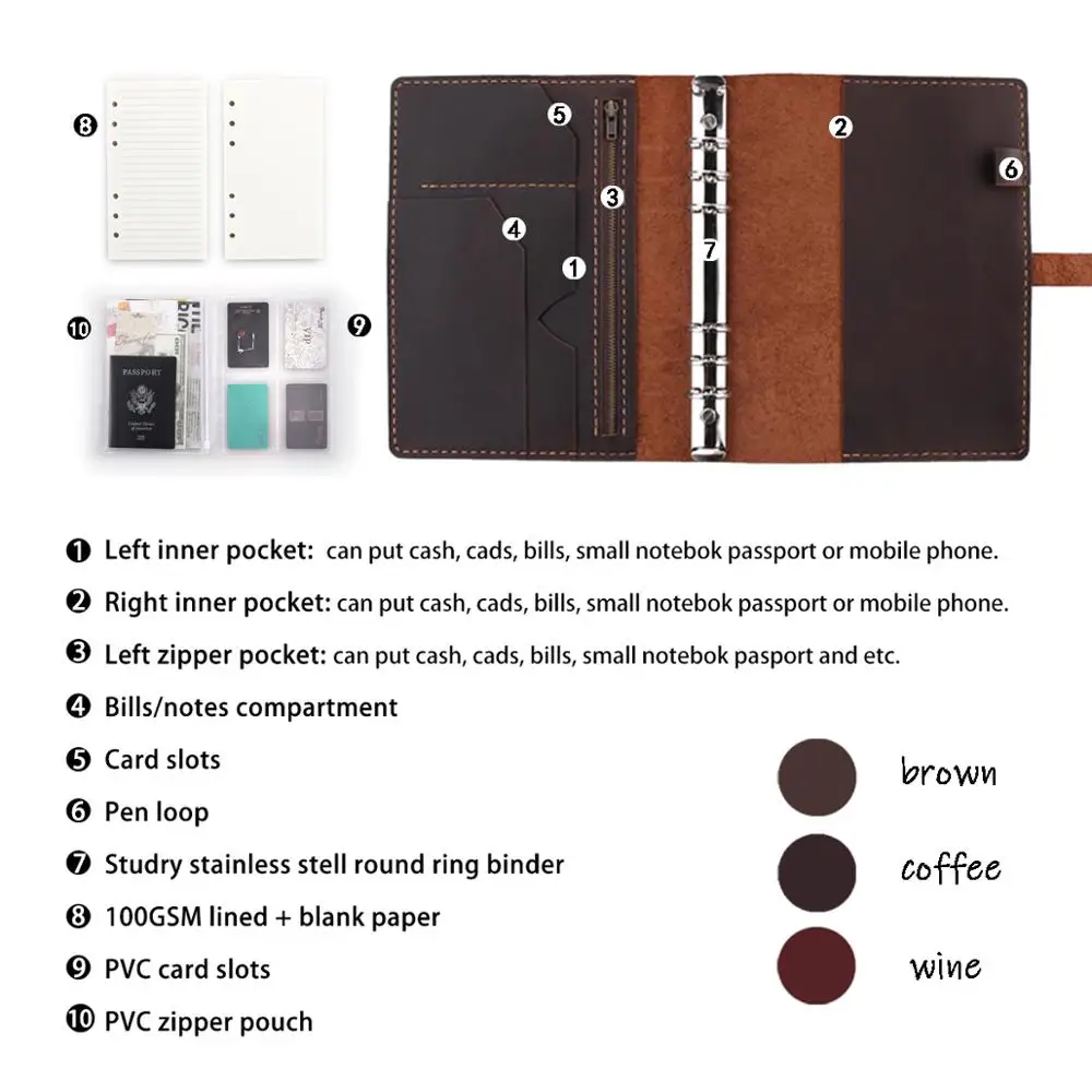 Personalizzato A5 Riutilizzabile Raccoglitore Ad Anelli Taccuino di Viaggio in Pelle