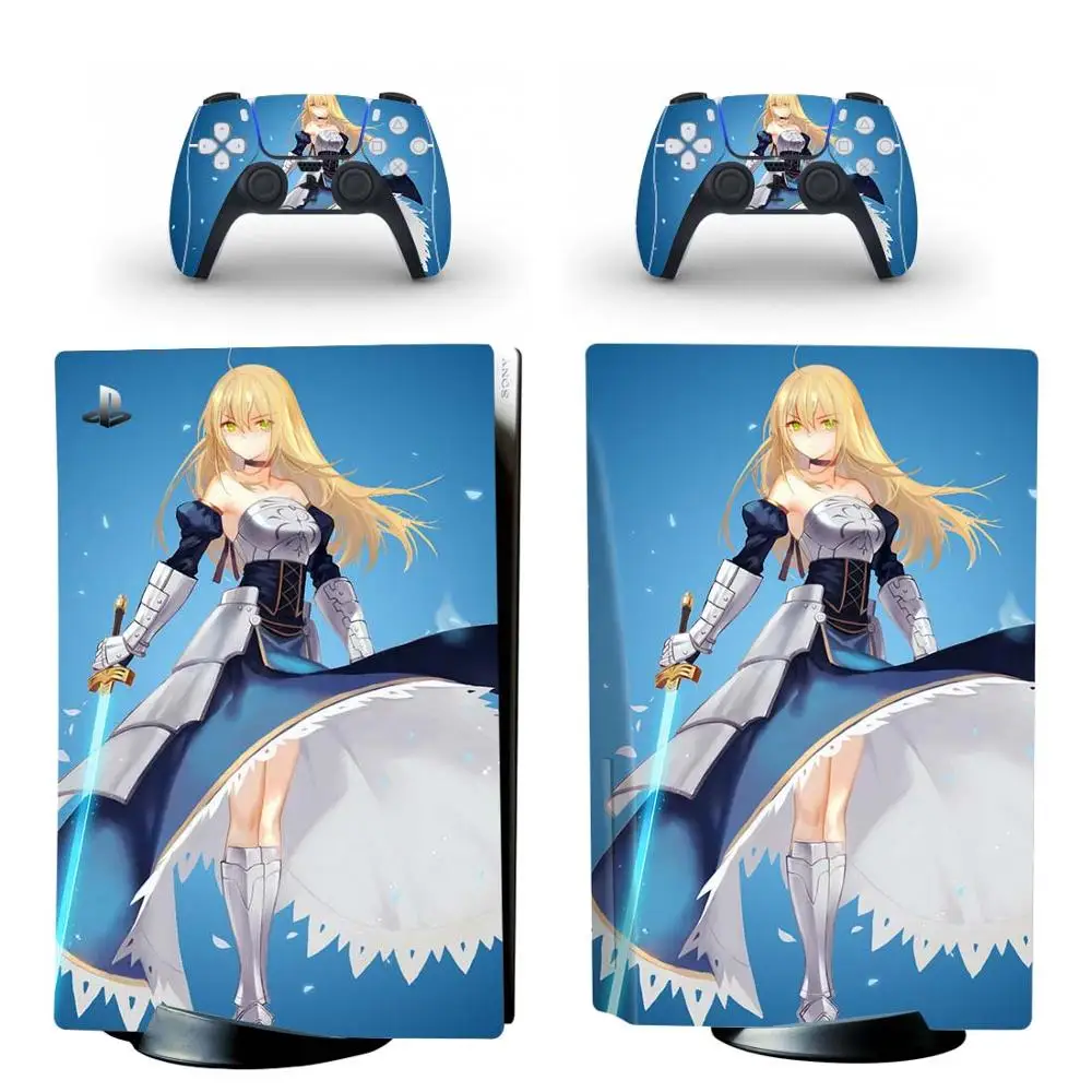 Sarung Stiker Kulit Edisi Cakram Standar Fate Saber PS5 untuk Konsol PlayStation 5 & Pengendali PS5 Stiker Vinil Kulit