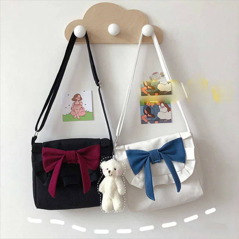 Lolita Fashion Bow Women Shoulder Bag Canvas Retro Casual Messenger Bag JK Girl Crossbody Bag Shopping Bag Dropshipping