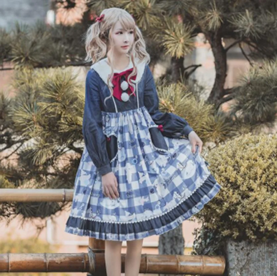 kawaii girl gothic lolita op Sweet princess lolita dress vintage turn-down collar bowknot printing high waist victorian dress