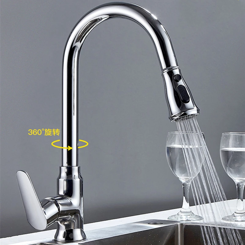 Pull Out Kitchen Faucet Black/Silver Brass Button To Switch Sink Faucet Stream Sprayer Deck Mounted Mixer Sink 360 Rotate Tap