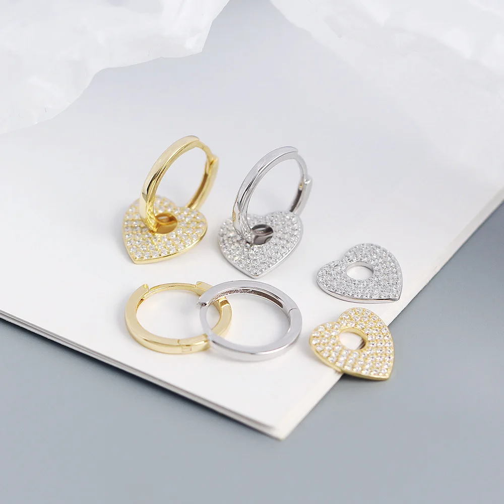 F.I.N.S 925 Sterling Silver CZ Paved Drop Earring Piercing Big Heart Crystal Pave Detachable Pendiente Fashion Fine Jewelry Gift