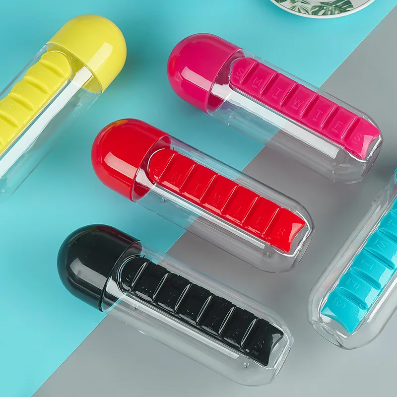 700Ml Water Bottle with Pillbox Plastic Drink Bottle with Medicine Pills Box Travel 7 Days Drug Organizer Drinking Container